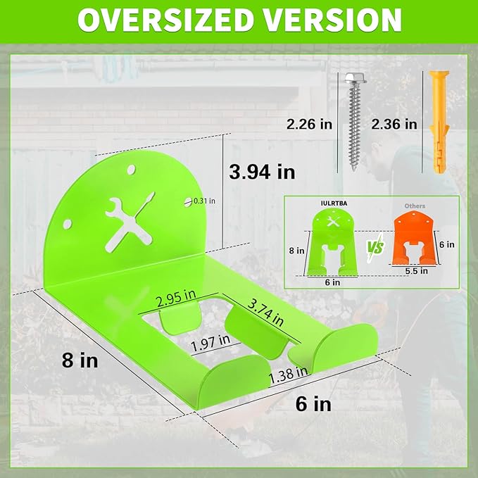 Upgraded Trimmer Rack Wall Mount - 8" Heavy Duty Weed Eater Hanger for Garage Wall, Garden Power Tool Holder Organizer Hooks for Grass Trimmer, Hedge Trimmer, Leaf Blower and Chainsaw, Green, 3 Pack