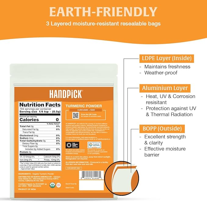 HANDPICK, Organic Turmeric Powder with Curcumin (397g/14oz) | Authentic Indian Origin | Gluten Free | Made from Turmeric Root