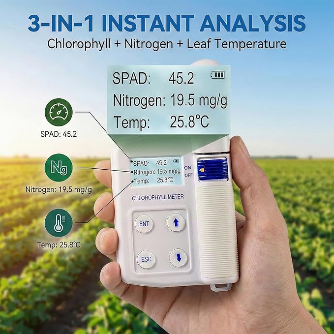 Chlorophyll Meter - Plant Nutrient Analyzer, 3-in-1 Non-Destructive SPAD Tester with Nitrogen & Leaf Temperature Sensor, 16GB Data Storage for Precision Agriculture
