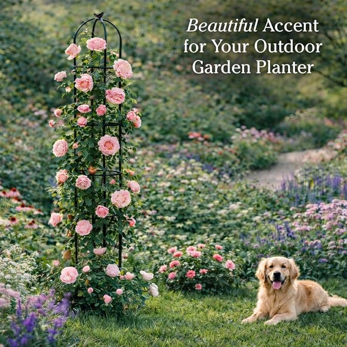 Evergreen Metal Garden Obelisk Trellis for Climbing Plants Outdoor, Indoor Plant Trellis for Potted Plants, Floral Pattern Arch Trellis (Black, 7 ft. Round)