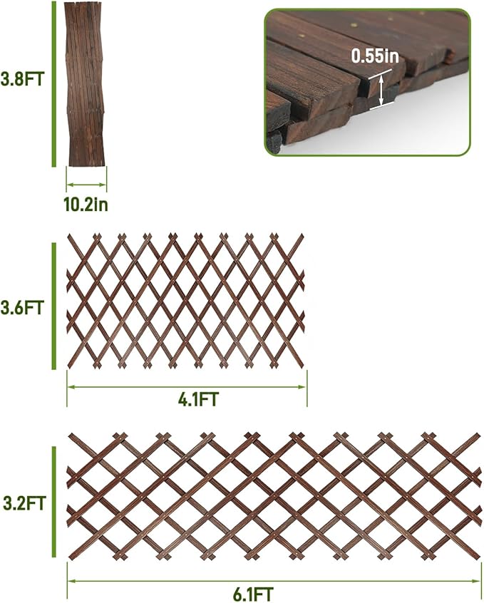 Expandable Wooden Lattice Fence Panel, 1 Pack, 3.2 x 6.1 Ft Large Wood Garden Trellis for Climbing Plants, Outdoor Privacy Fence Wall for Ivy Rose Vine, Patio Yard Balcony Decor