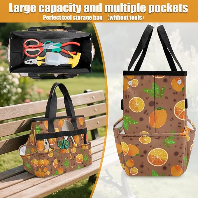 Brown Lemon Garden Tool Bag Portable Gardening Tool Organizer Bag with 10 Pockets and Handle Tool Carrier and Storage for Garden Lawn Yard Casual Camp