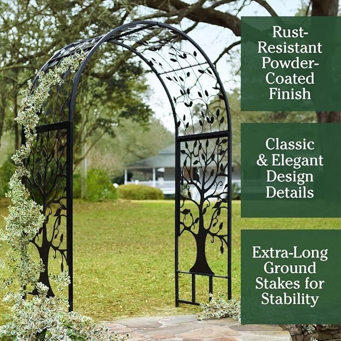 Plow & Hearth Arch Metal Outdoor Garden Arbor | Tree of Life | 83 Inches Tall | Black | Steel Trellis Lattice for Plants & Heavy Vines | Wedding | Outdoor Patio Décor