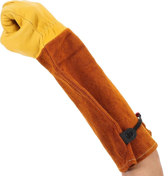 VICASKY Thorn Proof Gardening Gloves Long Sleeve Goat Leather and Brown Cowhide Protective Work Gloves for Outdoor Gardening, Welding, and Beekeeping, Size L