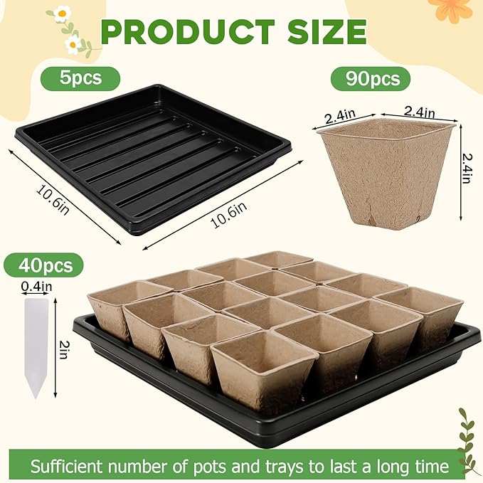 NNG 5PCS Seed Starter Tray with 90PCS Square Seed Peat Pots,Seed Starter Kit with Germination Trays Seedling Pots for Seedling Propagation and Plant Growing