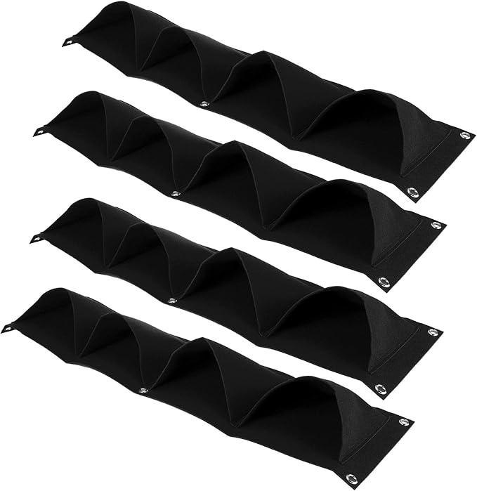 Hyuduo 4-Pocket Wall Hanging Planter Bags Reusable Felt Grow Bags for Indoor Outdoor Garden, Ideal for Flowers Vegetables Black 4-Pack