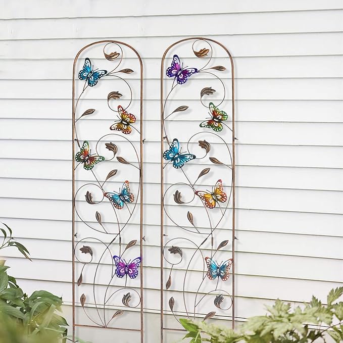 2 Pack Metal Garden Trellis with Colorful Butterfly 60 Inch High Outdoor Decoration Arched Fence Trellis for Climbing Plants for Patio, Lawn, Yard, Backyard, Wall Brackets