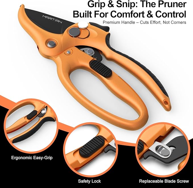 8” Detachable Blade Pruning Shears – Heavy‑Duty Japanese SK5 High Carbon Steel, Self‑Locking Safety, Ergonomic Non‑Slip Grip for Pruning, Tree Trimming, Shrubs, Wood Cutting