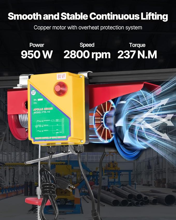 VEVOR Electric Hoist, 1760 lbs 120V Electric Winch with 328 ft Wireless Remote Control, 40 ft Single Cable Lifting Height, Single/Double Slings, Emergency Stop, Lift Hoist for Garage Warehouse Factory