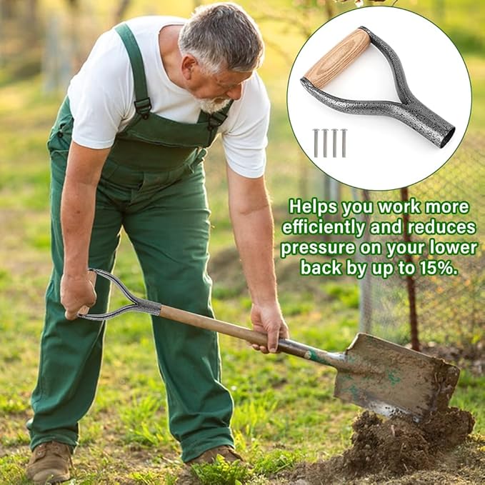 Shovel D Grip Handle, 32mm Inner Diameter Metal Shovel Replacement Handle with Wooden Grip Spade Snow Scoop Digging Raking Tools with 4 Rivets for Digging Raking