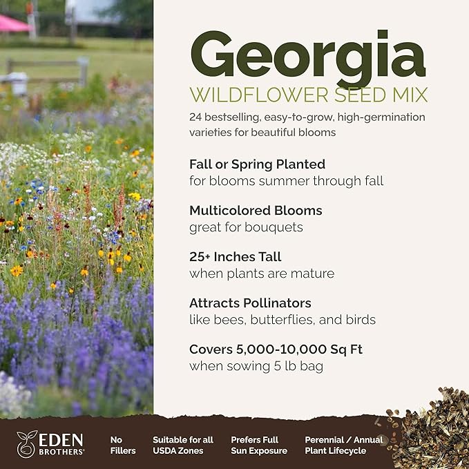 Eden Brothers Georgia Wildflower Mixed Seeds for Planting, 5 lb, 2,400,000+ Seeds with Cornflower, Cosmos, African Daisy | Attracts Pollinators, Plant in Spring or Fall, Zones 3, 4, 5, 6, 7, 8, 9, 10