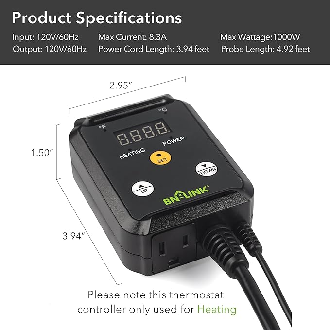 BN-LINK Reptile Thermostat Controller and 2 Pack Heat Mat for Seed Germination, Reptiles and Brewing Breeding Incubation Greenhouse