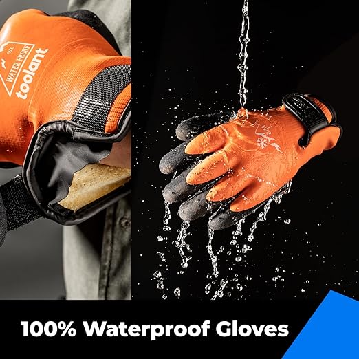 toolant 100% Waterproof Gloves for Men and Women, Winter Work Gloves for Cold Weather, Touchsreen, Thermal Insulated Freezer Gloves, With Grip, Orange, Medium
