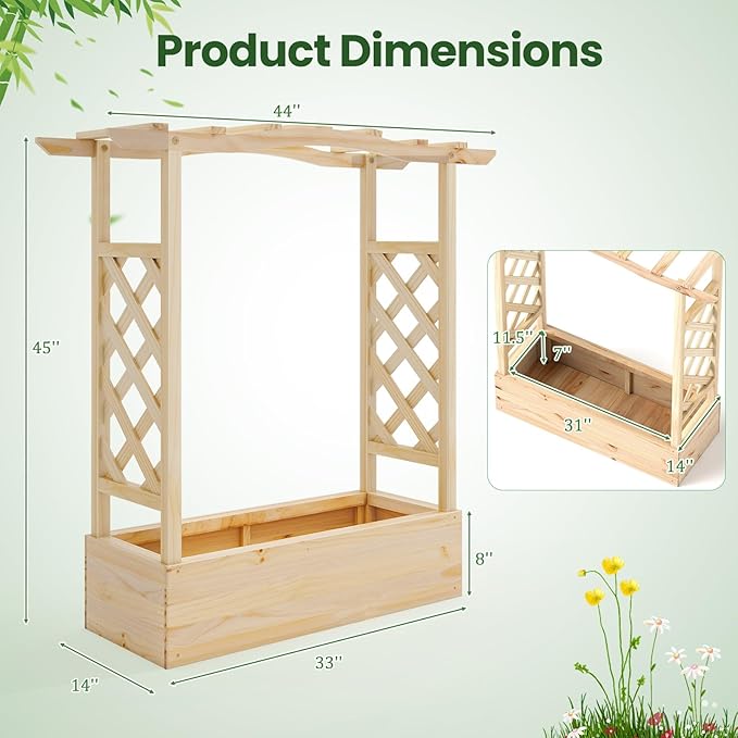 Giantex Raised Garden Bed with Sided Trellis & Hanging Roof, Wood Planter Box, Freestanding Garden Planter Raised Bed for Flowers Herbs Climbing Vines 44”x14”x45” (L x W x H)