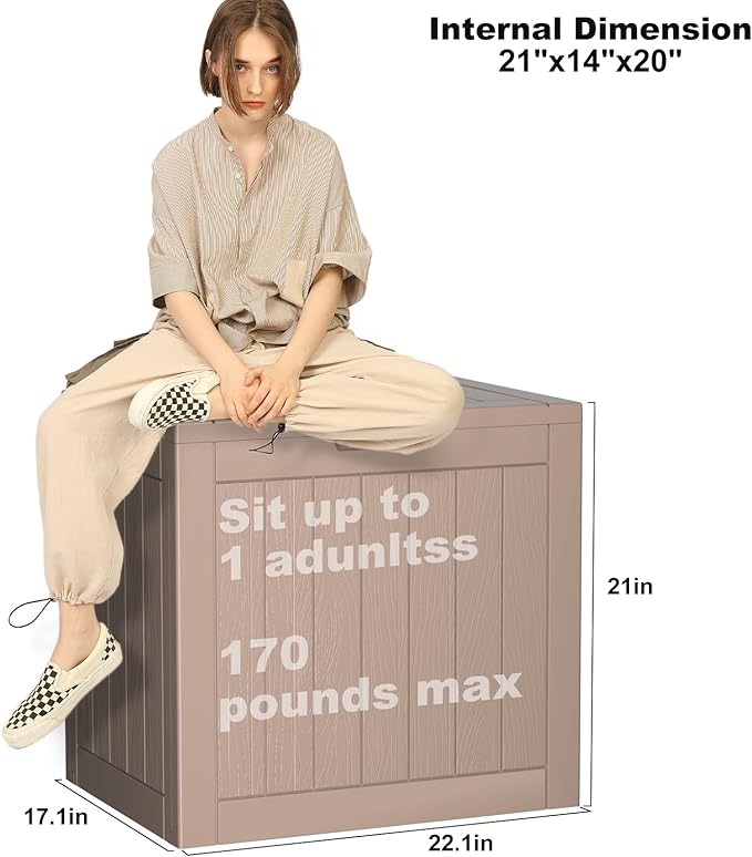 Vixzen 30 Gallon Resin Deck Box, Lockable Outdoor Storage Box for Patio Cushions Storage Furniture,Garden Tools, Pool Supplies, Weatherproof and UV Resistant（Grey，30 Gallon）