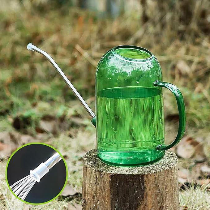 Plastic Watering Can Upgrade Version, Plant Watering Can with Stainless Steel Long Spout, 2L/68oz Clear Measurement Markings Long Spout Watering Can for Indoor Plant and Flowers Easy Fill-Green