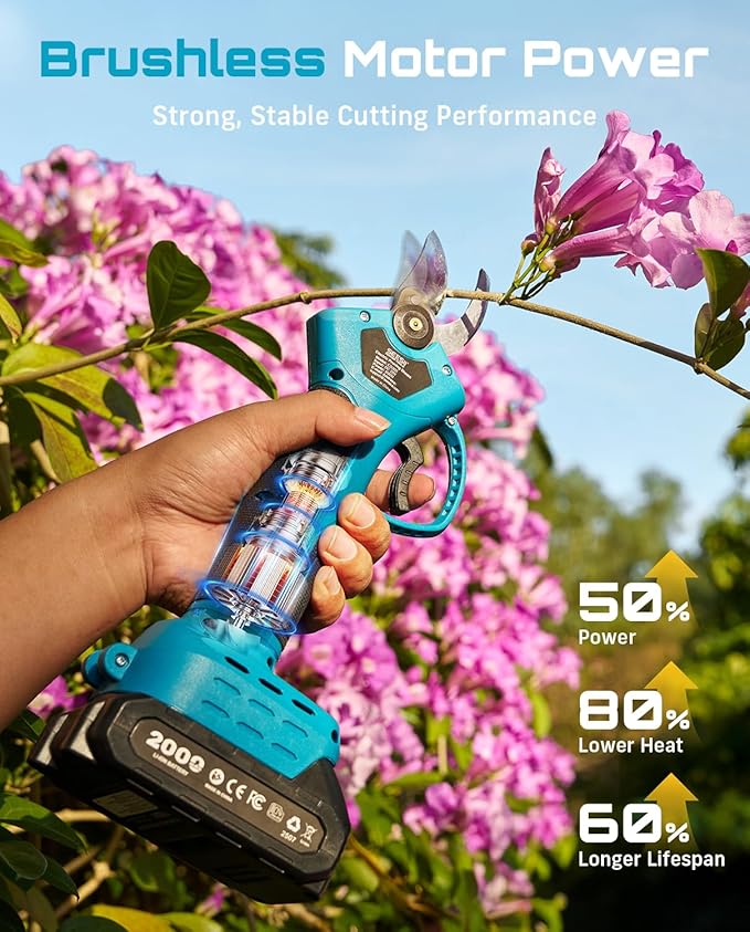 SEESII Electric Pruning Shears for Garden: 1.2" Cutting Diameter Cordless Power Pruner, 2*2000mAh Batteries, Brushless Motor, Extra SK5 Blade, 2 Modes Battery Powered Branch Cutter for Tree Trimming