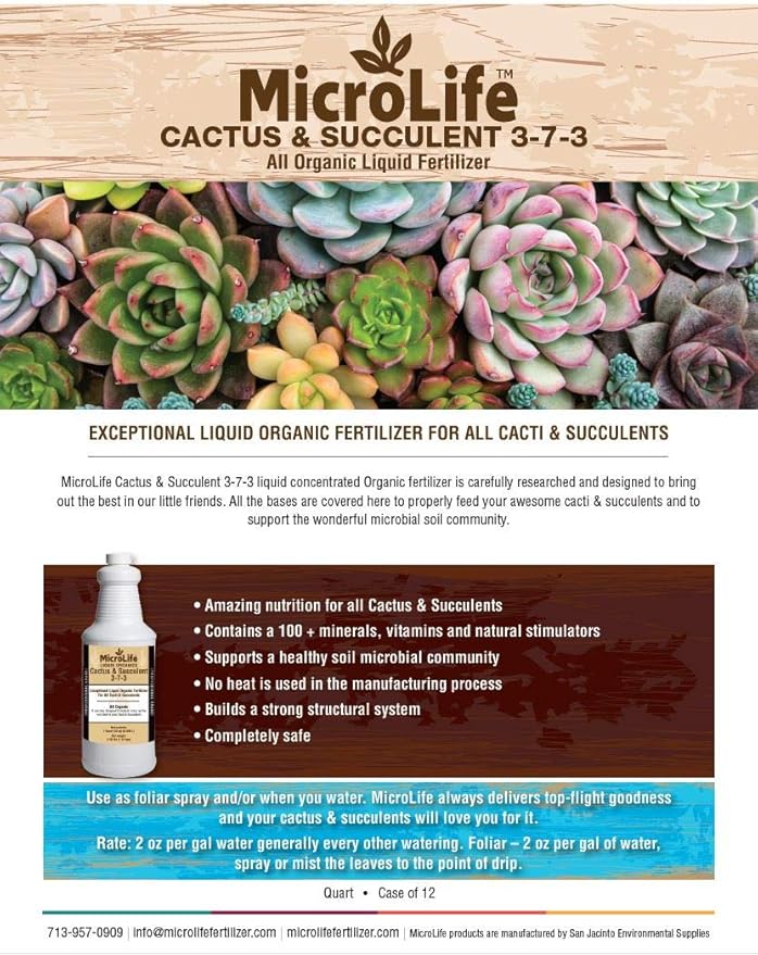 MicroLife Cactus & Succulent (3-7-3) Professional Grade Organic Liquid Fertilizer Concentrate, 1 Quart