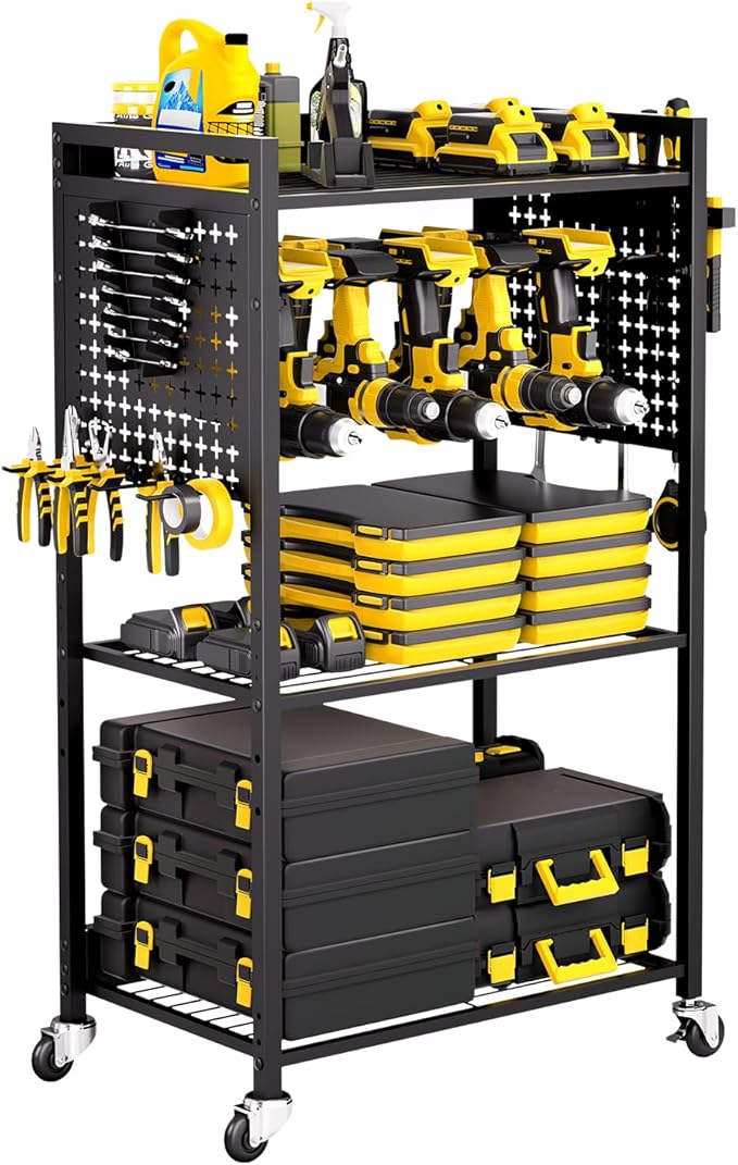 VEVOR 4-Tier Tool Organizer Cart, 150 lbs Load Capacity, Floor Stand Rolling Drill Holder and Stability Storage Rack, Heavy Duty Garage Floor Rolling Storage Cart for Workshop, Garage, Black
