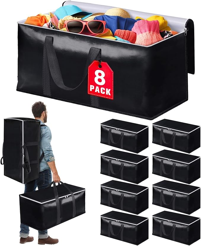 Heavy-Duty & Extra Capacity Moving Bags with Backpack Straps, Storage Totes with Double Zipper & Strong Handles, Packing Bags Alternative to Moving Boxes, Moving Supplies (8 Pack, Black)