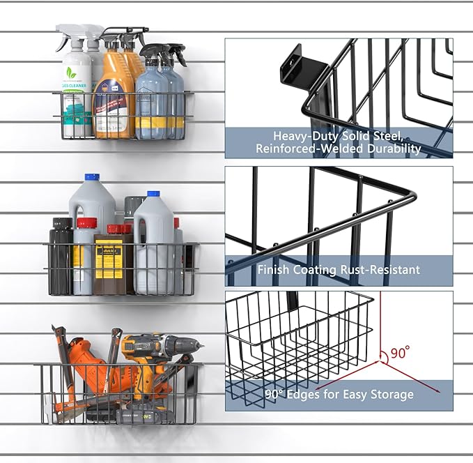 3-H Heavy-Duty Slatwall Accessories 15 Pack and Slatwall Baskets 4 Pack, Slatwall Hooks & Hangers Multi Sizes for Use in Garage, Workshop, Store, and Studio for Organization and Display