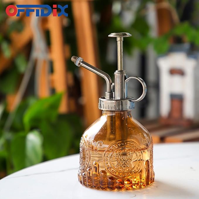 OFFIDIX Glass Watering Spray Bottle,Plant Mister Watering can Indoor with Bronze Plastic Top Pump,One Hand Glass Small Watering Can for Outdoor Indoor Garden,Cleaning Solutions and Home Decora(Brown)