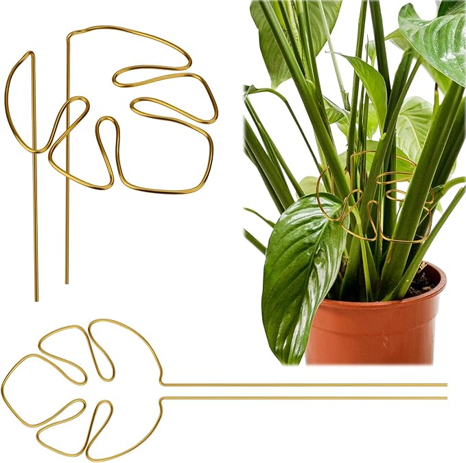 2pcs Monstera Shaped Supports for Growing Plants, Gold Climbing Houseplant Stem Supports Ring Reusable Leaf Plant Growth Accessories for Indoor & Outdoor Plants