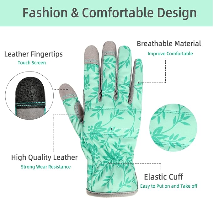 Leather Gardening Gloves for Women, Flexible Breathable Garden Gloves, Thorn Proof Working Gloves for Weeding, Digging and Pruning, Green, X-Small Fit Small Hand
