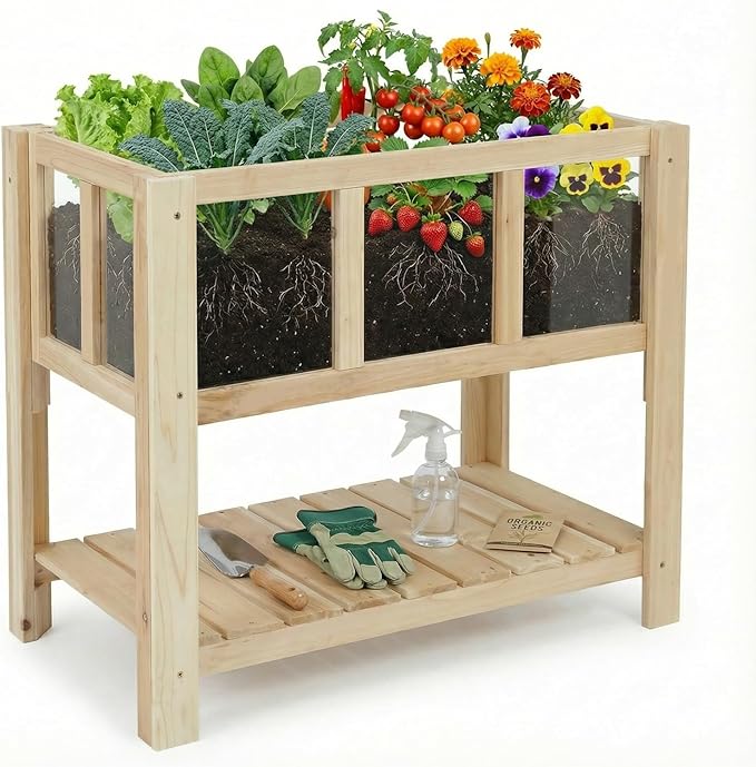 Raised Garden Bed for Small Balcony, 28.3''x16.3''x23.6'' Wood Planter Box with Transparent Window, Drainage Holes, Storage Shelf, Garden Beds Flower Stand Patio Kitchen, Gift for Gardening