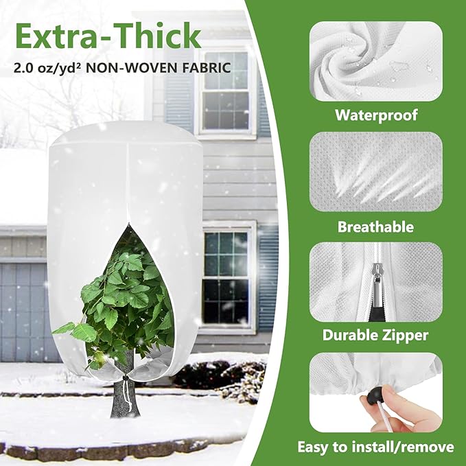 2 Pack Rounded Top Plant Covers Freeze Protection for Winter, Plant Covers for Winter, 47" X 72" Tree Frost Protection Blankets Outdoor With Zipper/Drawstring, for Shrub Bush Fruit Tree Potte(White)