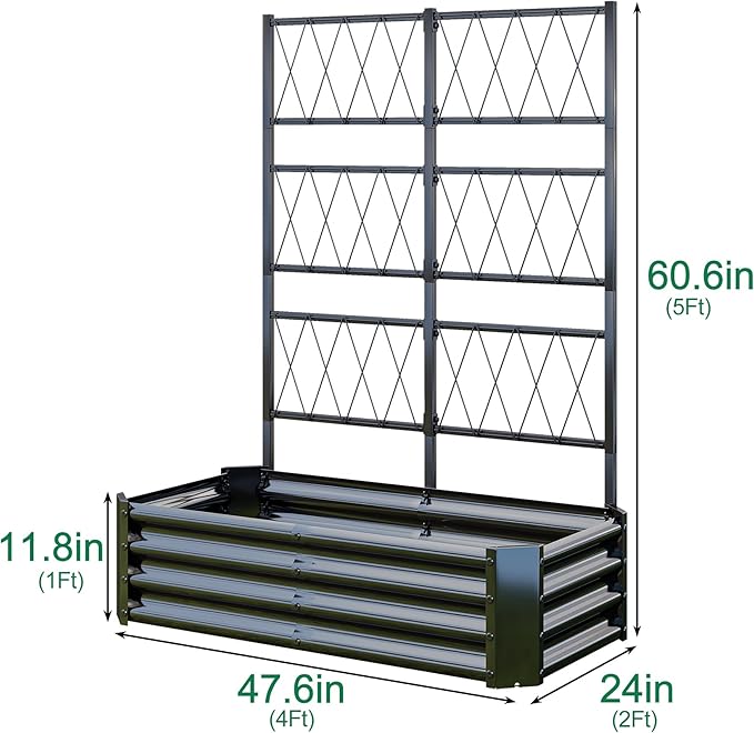 Galvanized Raised Garden Bed with Trellis for Climbing Plants Outdoor,Metal Vertical Garden Planter Box with Trellis,Heavy Duty Elevated Garden Bed for Vegetables Tomatoes Cucumbers Flowers Herb,Black