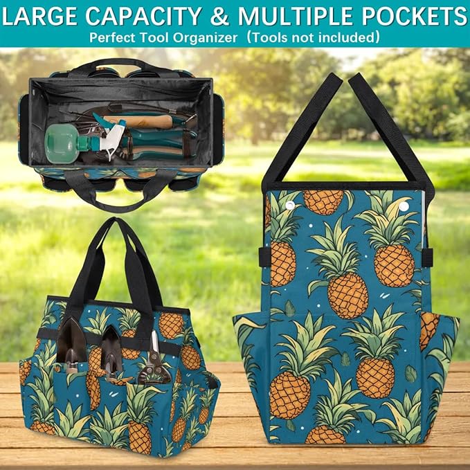 Garden Tool Bag Organizer Garden Tote Bag with Pockets Pineapple Pattern Summer Tool Storage Organizer Gardening Tool Kit Holder 13" x 6.8" x 2.8"