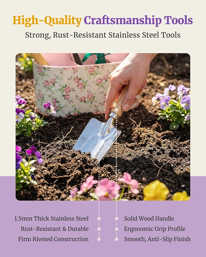 9-Piece Garden Tool Set, Heavy Duty Stainless Steel Rust-Proof Ｇardening Ｋit with Ergonomic Wood Handles, Durable Metal Organizer Basket with 4 Compartments, Gardening Gift for Women, Mother