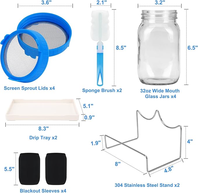 Lulonpon Sprouting Kit, 4 Sprouting Jar Kits, Wide Mouth Quart Mason Jars with Stainless Steel Screen Sprout Lids,1000ml Sprouts Growing Kit, Seed Sprouter Set for Growing Broccoli, Bean, Alfalfa ﻿