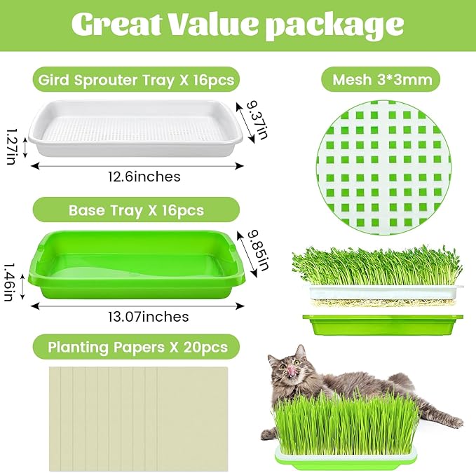 Legigo 16 Pack Green Seed Sprouter Trays- Soil-Free Cultivation Germination Tray, BPA Free Nursery Tray with Planting Paper for Indoors or Outdoors Sprouting Seeds, Grow Grass, Beans and More