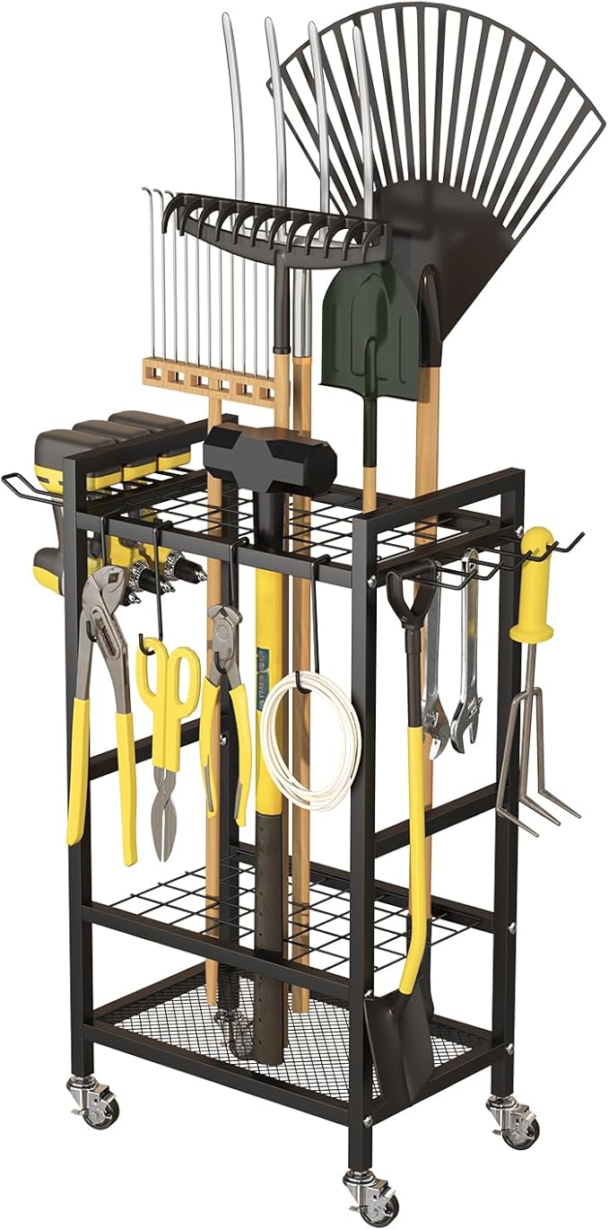 Garden Tool Organizer Garage Storage: Power Tool Organizer Shelving Tool Holder Drill Rack Shelf Rolling Cart Tool Chest Box with Wheels Gift for Men Dad