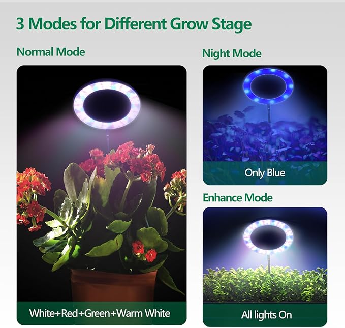 WaterRebirth 8 inch LED Grow Light for Indoor Plants, Full Spectrum Halo Plant Light with 3/9/12H Auto Timer, 10-Level Dimmable, Height Adjustable for Tall Plants