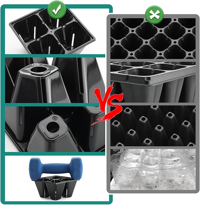 40 Pack Reusable 4-Cell Seed Starter Tray for Seedlings, Deep Large Cell Plant Starter Trays with Drainage Holes for Seed Germination, Easy Transplant, Fits Standard 1020 Flats, Black