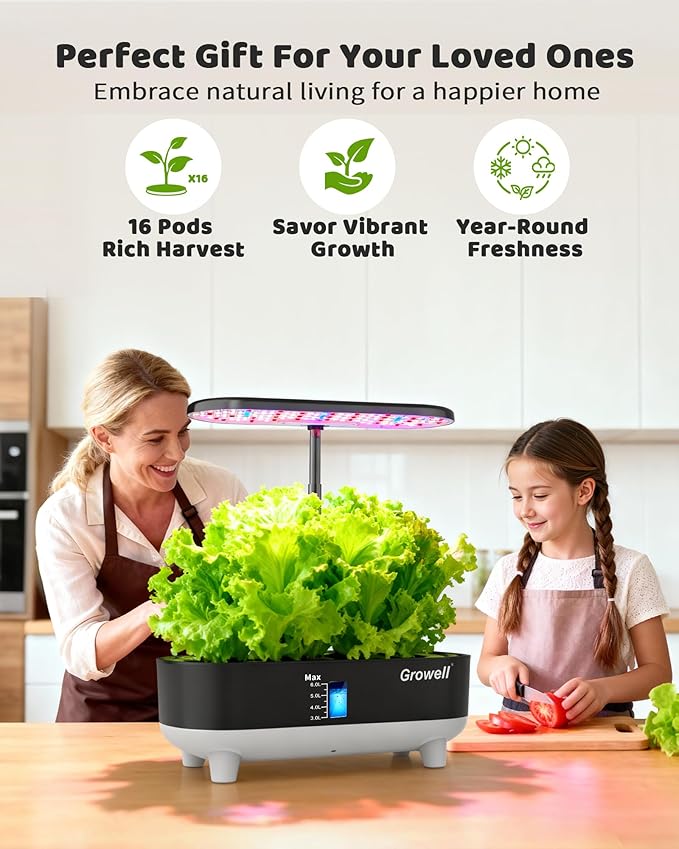Hydroponics Growing System Kit, 16 Pods, Vertical 8L Indoor Gardening System for Herb Vegetable Fruit, with LED Grow Light, Smart Water Circulation, 3 Light Modes & 2 Timer, Black