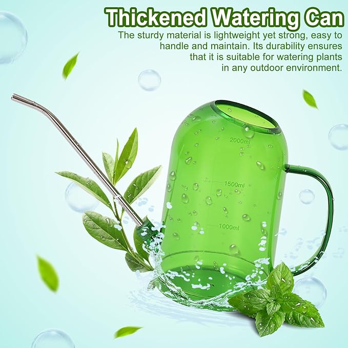 Plastic Watering Can Upgrade Version, Plant Watering Can with Stainless Steel Long Spout, 2L/68oz Clear Measurement Markings Long Spout Watering Can for Indoor Plant and Flowers Easy Fill-Green