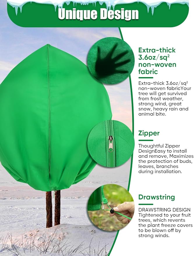 Winter Plant Covers Freeze Protection - 118" x 118" Extra Large Frost Blankets for Plants Tree Shrubs Cloth Anti-Freeze Protector Drawstring Bags Jacket for Outdoor Plants (3.2 oz/yd²)