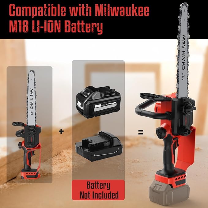 Mini Chainsaw for Milwaukee M18 Battery, 12 Inch Electric Chainsaw Cordless with Security Lock, Hand Held Chain Saw for Wood Cutting, Tree Saw Trimming and Branch Pruning (Battery Not Included)