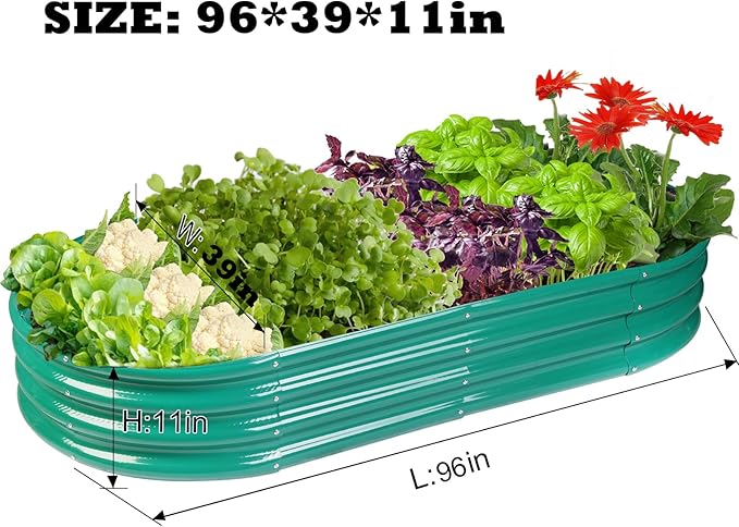 Raised Garden Bed GRS Certified Galvanized Planter Box Outdoor, 8ft Oval Rot-Resistant Metal Garden Bed Planter, Recycled Eco-Friendly Material Planter for Vegetables Flowers Herbs (Green)
