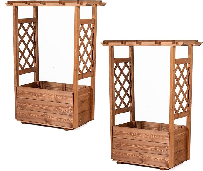 Giantex Raised Garden Bed with Sided Trellis & Roof Set 2, 31”x16”x41” Wood Elevated Planter Box, Freestanding Garden Planter Raised Bed for Flowers Herbs Climbing Vines,Brown