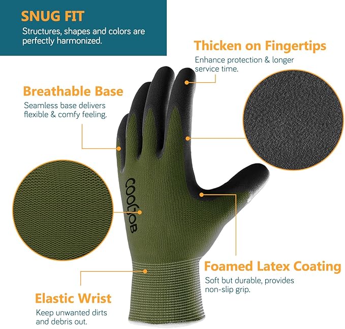 COOLJOB Gardening Gloves for Men, 6 Pairs Breathable Rubber Coated Garden Gloves for Weeding Landscaping, Outside Work Gloves for Lawn Yard, Men’s Large Size, Black & Green (Half Dozen L)