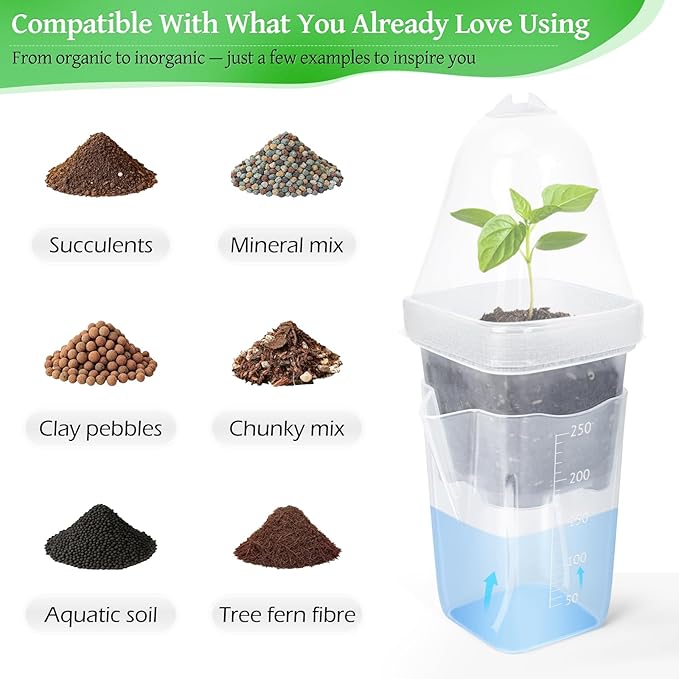 12 Pack 2.5" Self Watering Propagation Pots with Humidity Dome, Clear Plastic Seed Starter Cups, for Seedlings, Cuttings, Succulents, Herbs, Vegetables, 12 Plant Labels Included