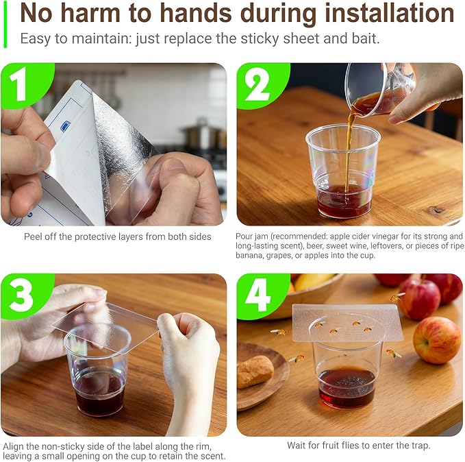 Fruit Fly Trap Covers, Double-Sided Sticky Adhesive Cards for Gnats, Fruit Flies, Moths, Kitchen Insect Control (50 Pcs)