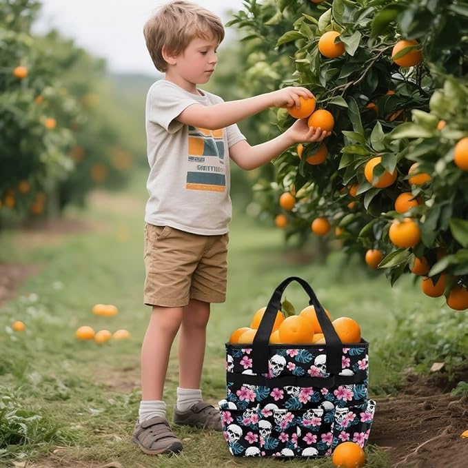 Skull Tropical Floral Garden Tool Bag Portable Gardening Tool Organizer Bag with 10 Pockets and Handle Tool Carrier and Storage for Garden Lawn Yard Casual Camp