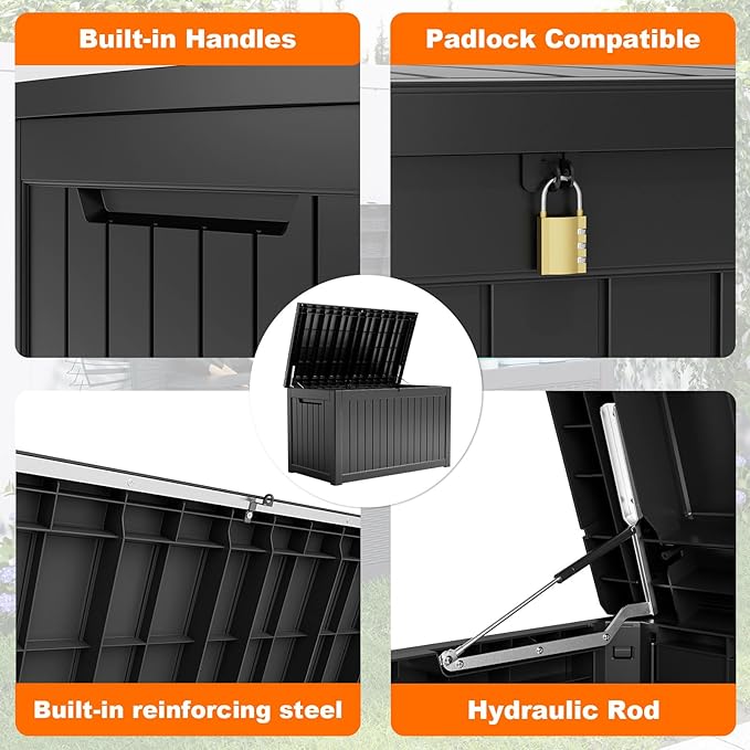 281 Gallon Large Resin Deck Box, Lockable Outdoor Storage Box for Patio Cushions Storage Furniture,Garden Tools, Pool Supplies, Weatherproof and UV Resistant (Black)