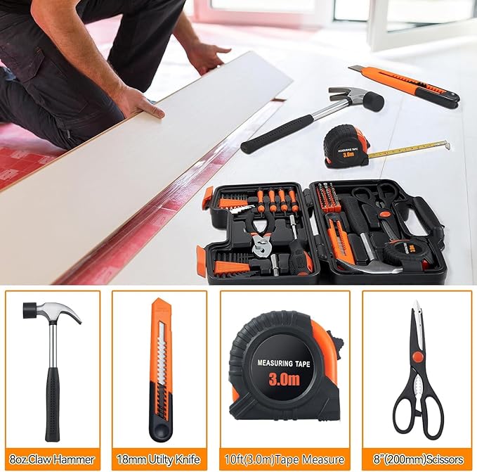 MARTCOLOR 58 Piece Household Tool Set, General Household Hand Tool Kit with Plastic Toolbox Storage Case, All Purpose Household Tool Kit for Home, Garage, Office and College Dormitory Use, Orange